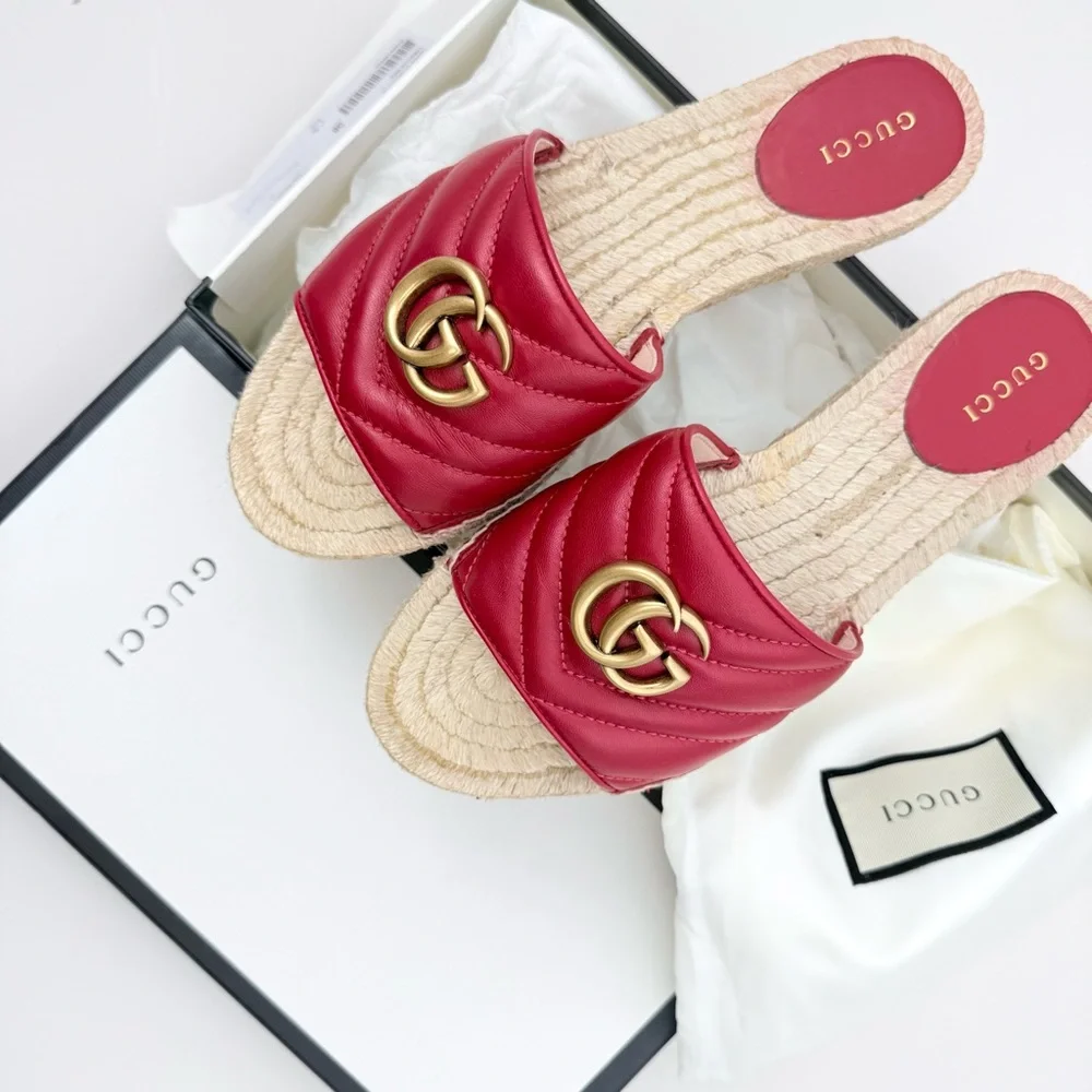 Gucci Charlotte Matelesse Espadrille Marmont Slide Sandal Hibiscus Red Leather 8